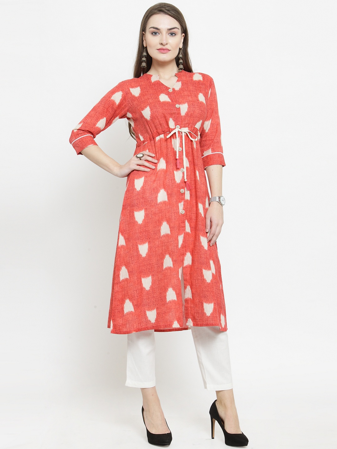 Indibelle Women Peach-Coloured Printed Kurti with Trousers