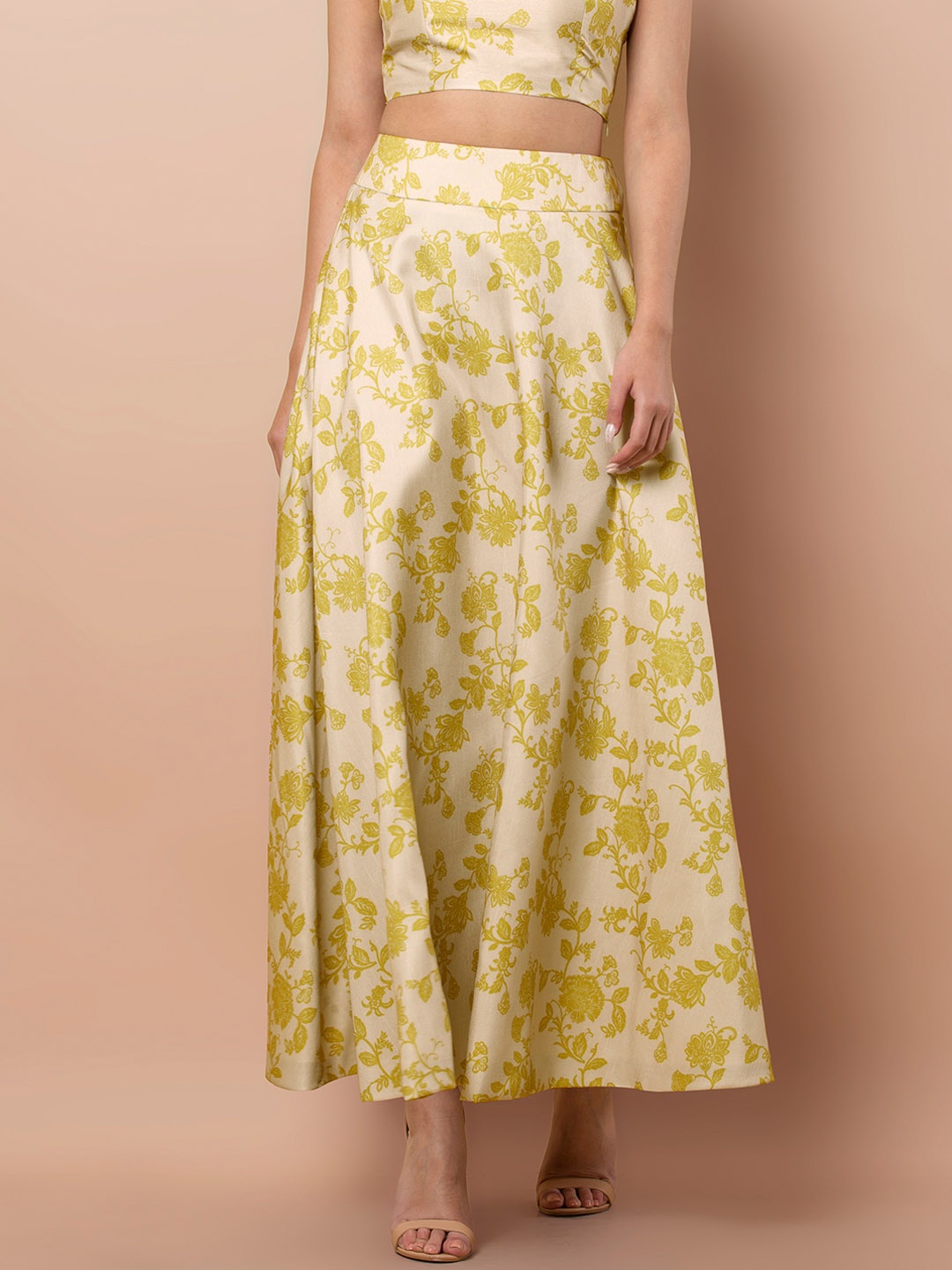 

INDYA Women Yellow & Beige Printed Flared Maxi Skirt