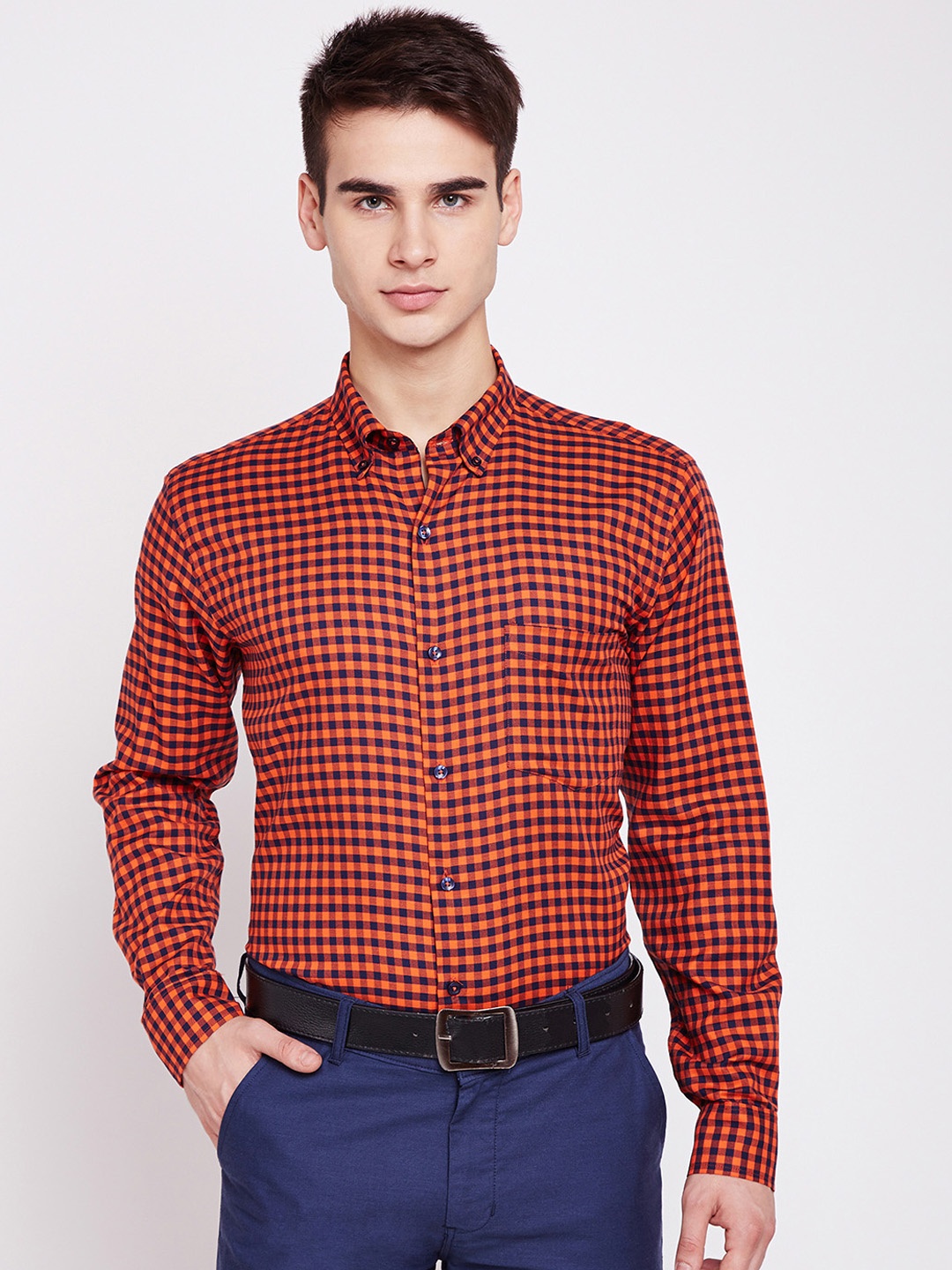 

Hancock Men Orange & Navy Blue Slim Fit Checked Formal Shirt