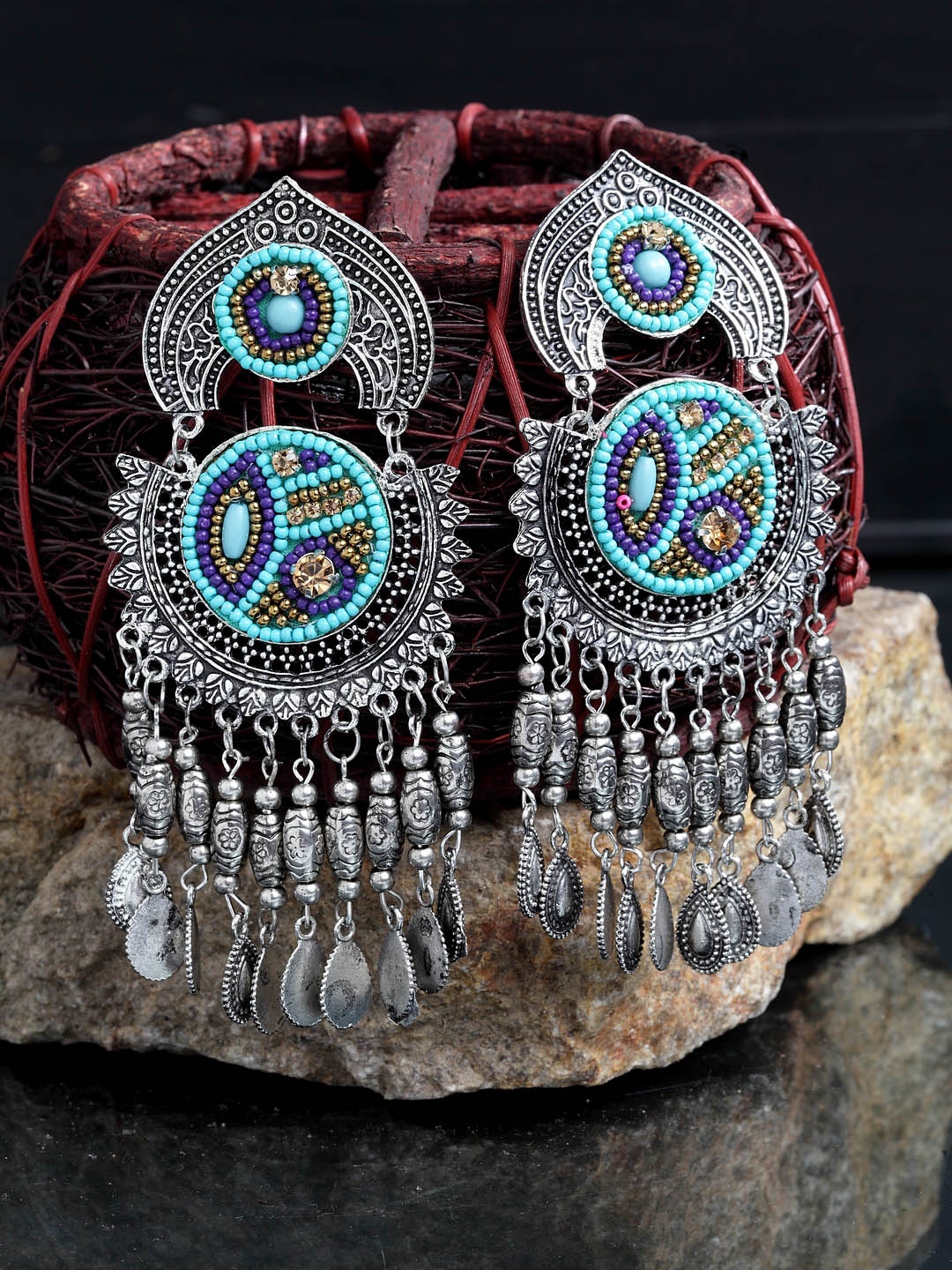 

Moedbuille Blue & Silver-Plated Handcrafted Crescent Shaped Chandbalis