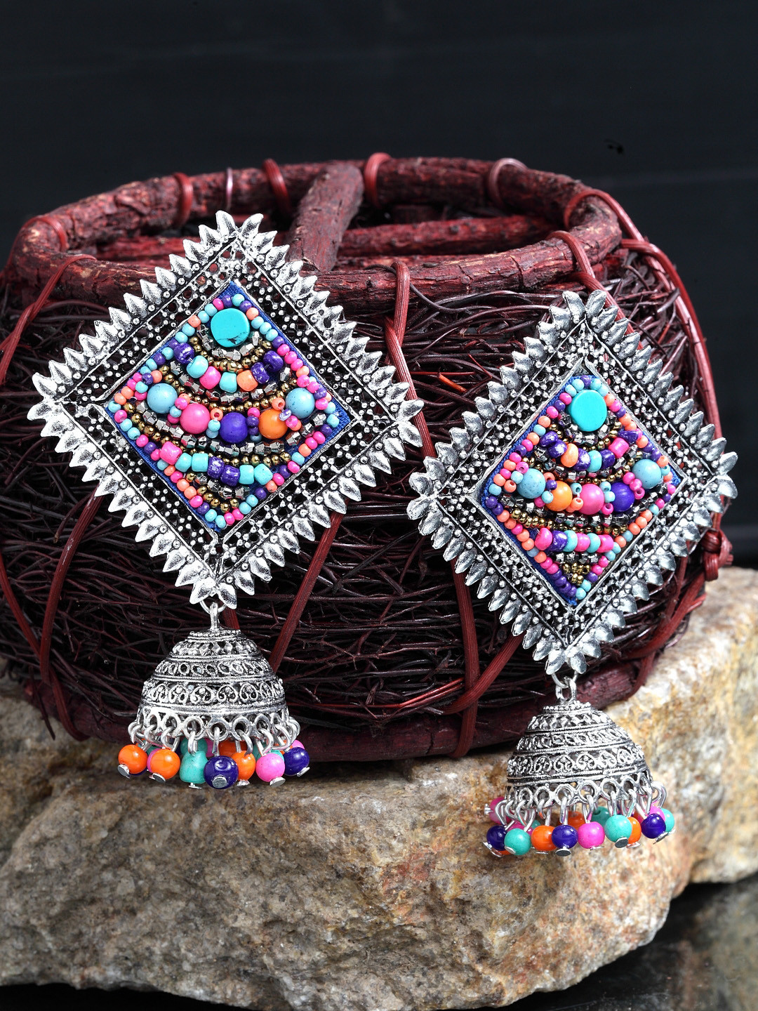 

Moedbuille Multicoloured & Silver-Plated Handcrafted Dome Shaped Jhumkas, Multi