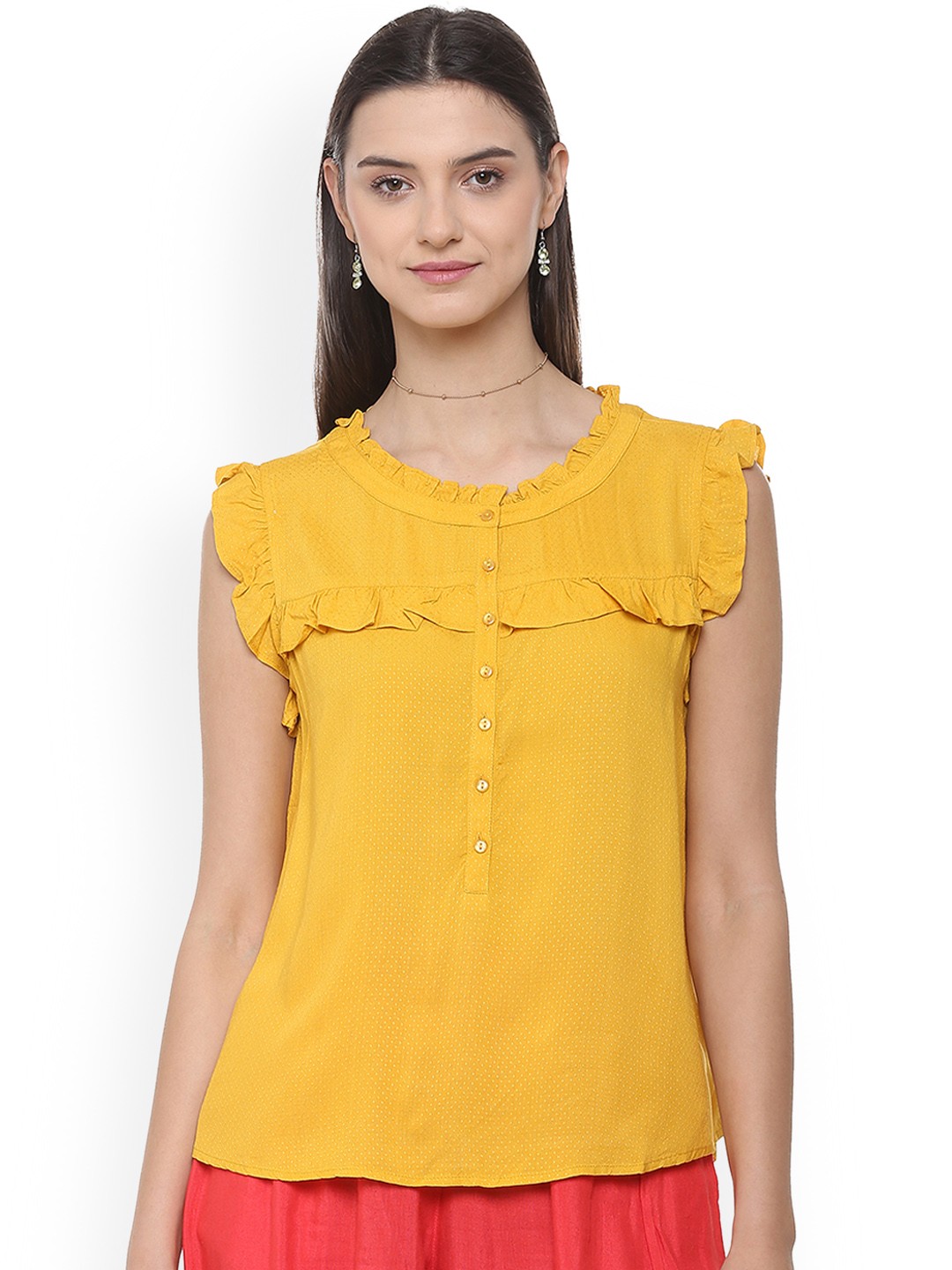 

People Women Yellow Self Design A-Line Top