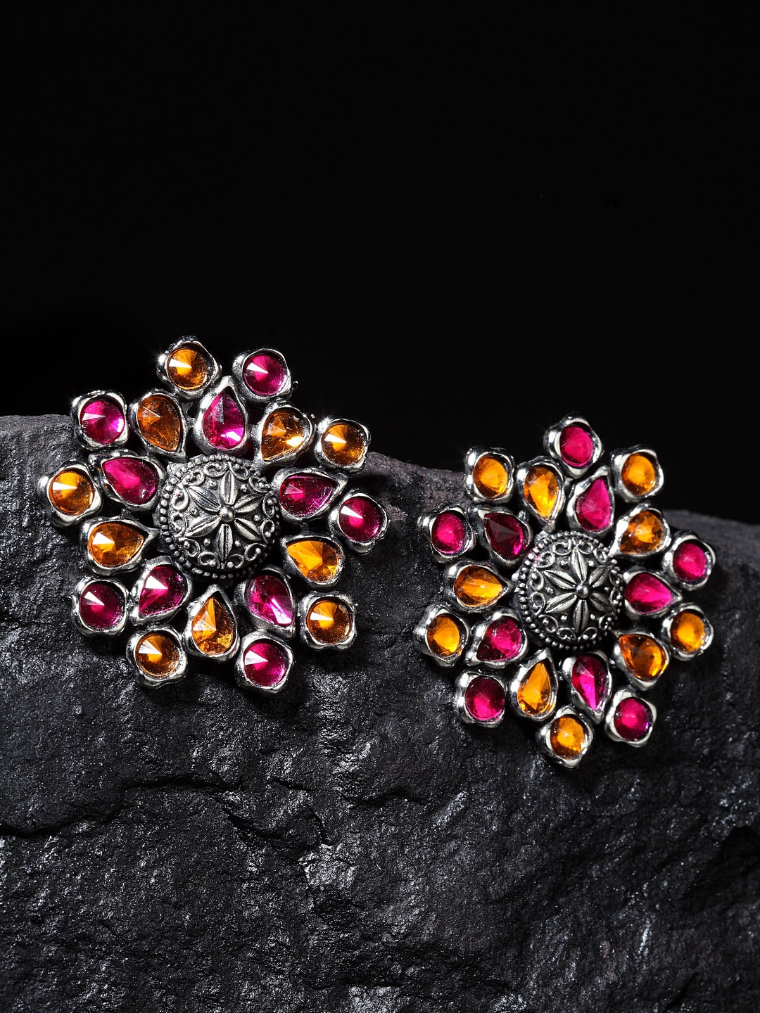 

Moedbuille Pink & Orange Silver-Plated Handcrafted Floral Studs