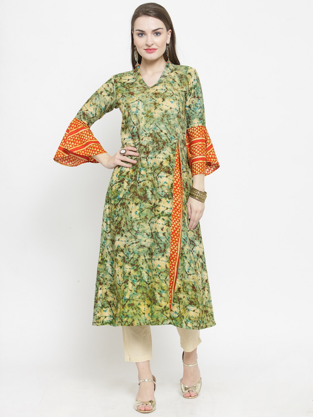 

Indibelle Women Green & Cream-Coloured Printed Layered Kurta with Trousers