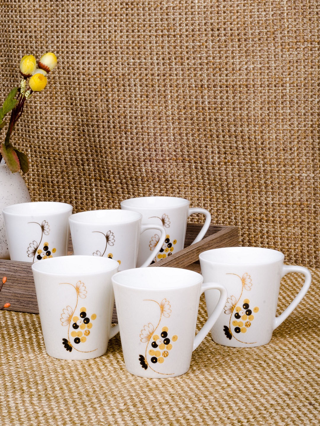 

SONAKI White & Yellow Set of 6 Printed Bone China Cups Set