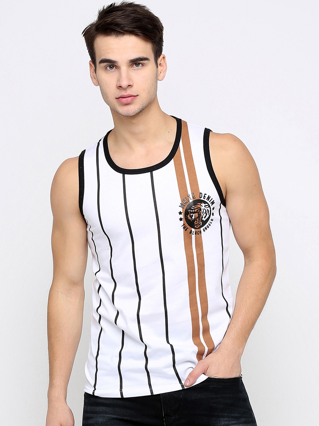 

Maniac Men White Striped Scoop Neck Pure Cotton T-shirt