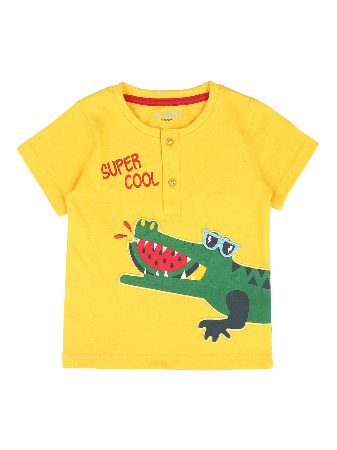 

Pantaloons Baby Girls Yellow Printed Henley Neck Pure Cotton T-shirt