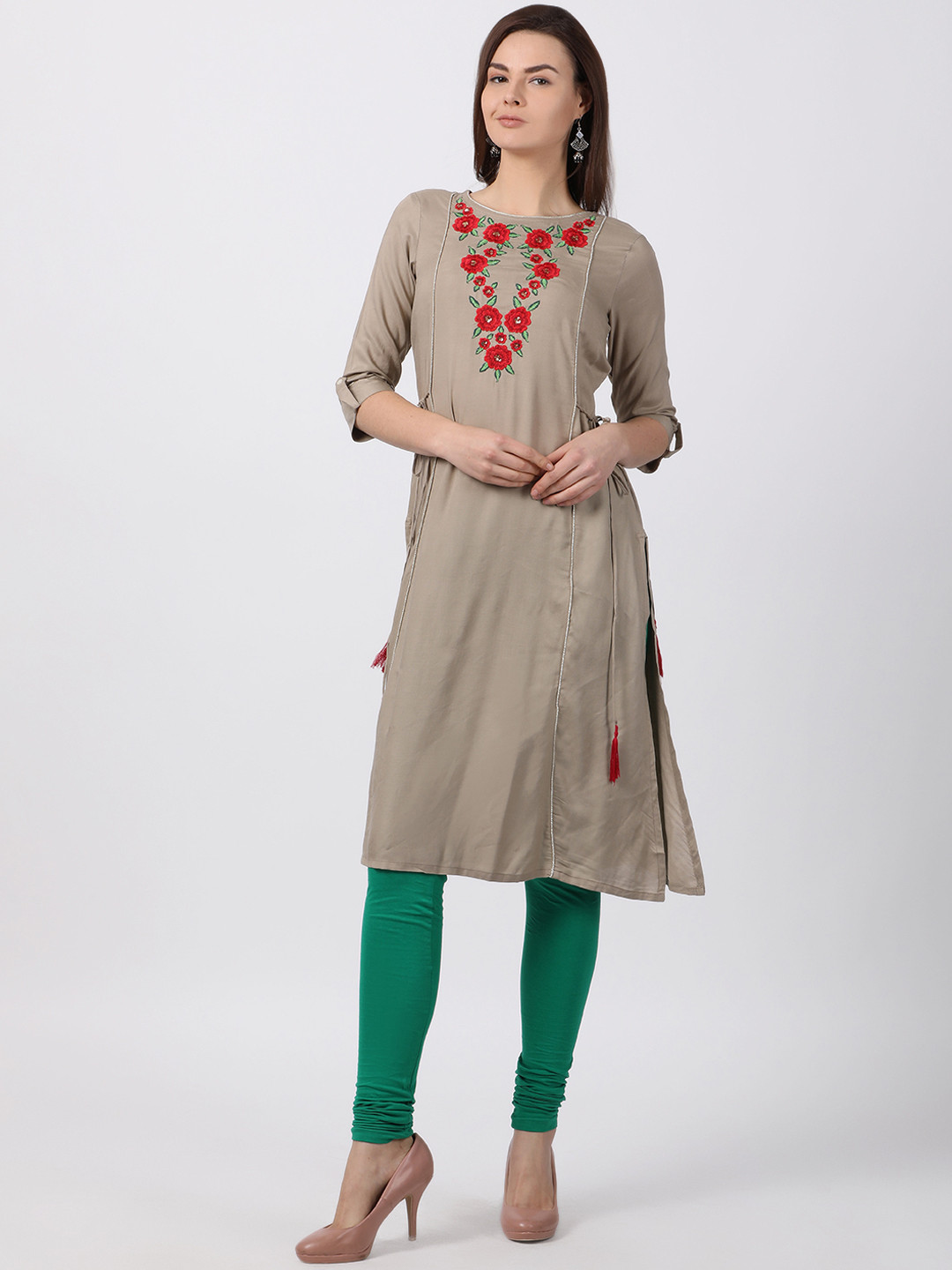 

Alena Women Beige Embroidered A-Line Kurta