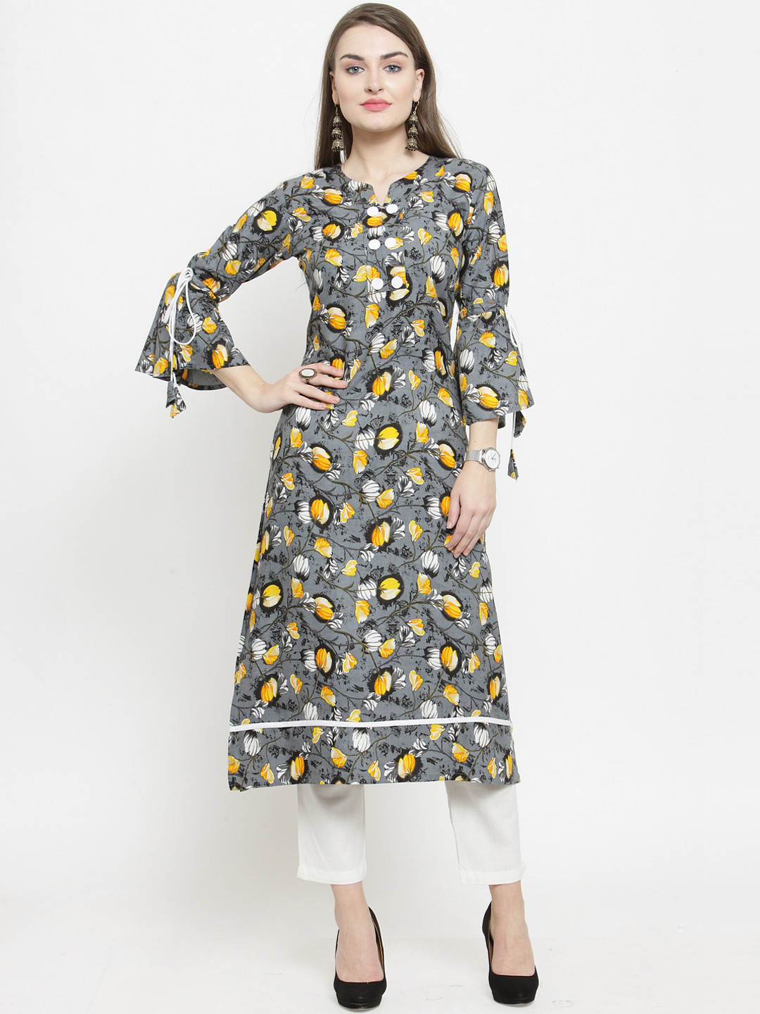 

Indibelle Women Grey & Yellow Printed Kurta with Trousers