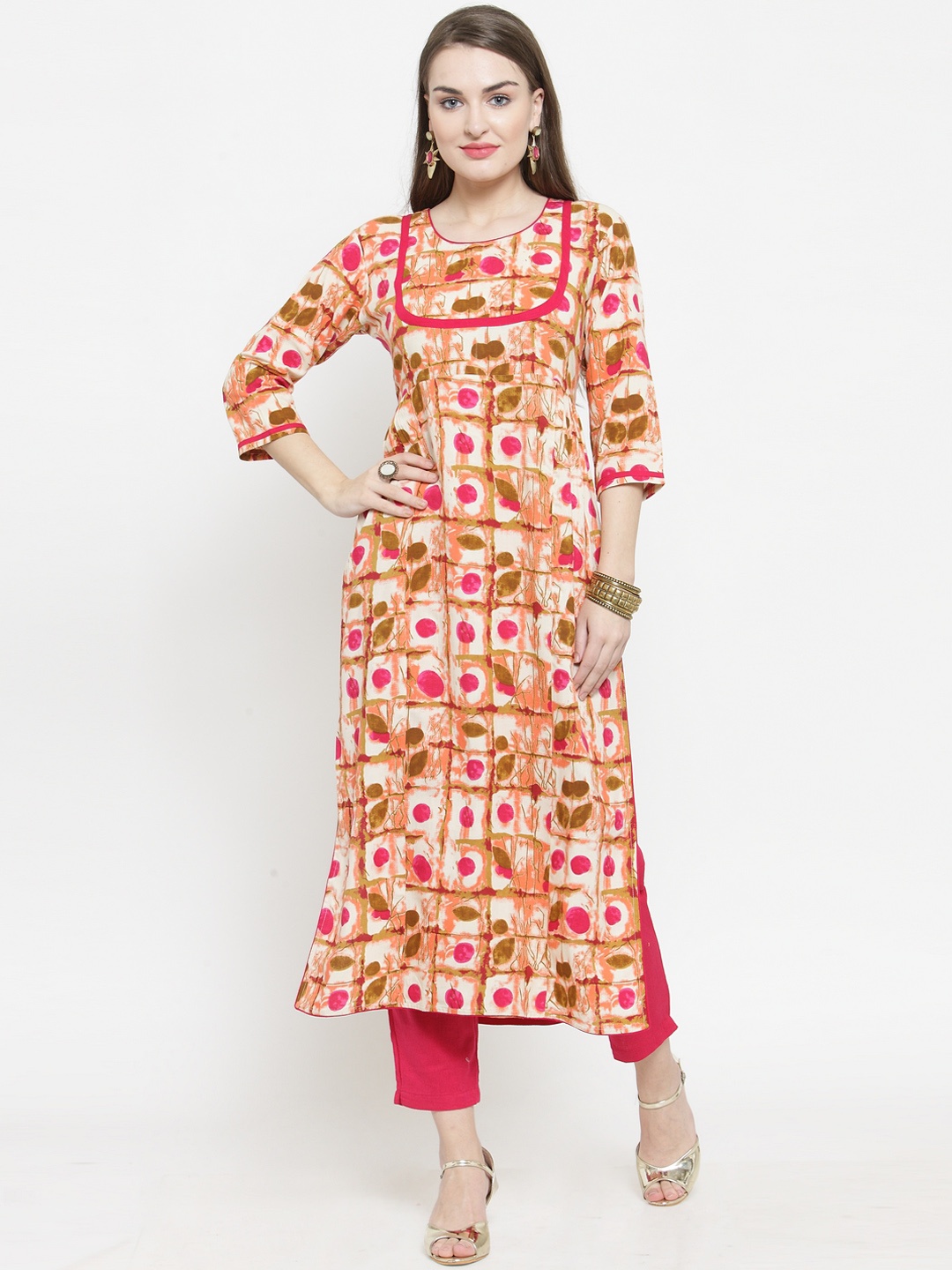 

Indibelle Women Cream-Coloured & Pink Printed Kurta with Trousers