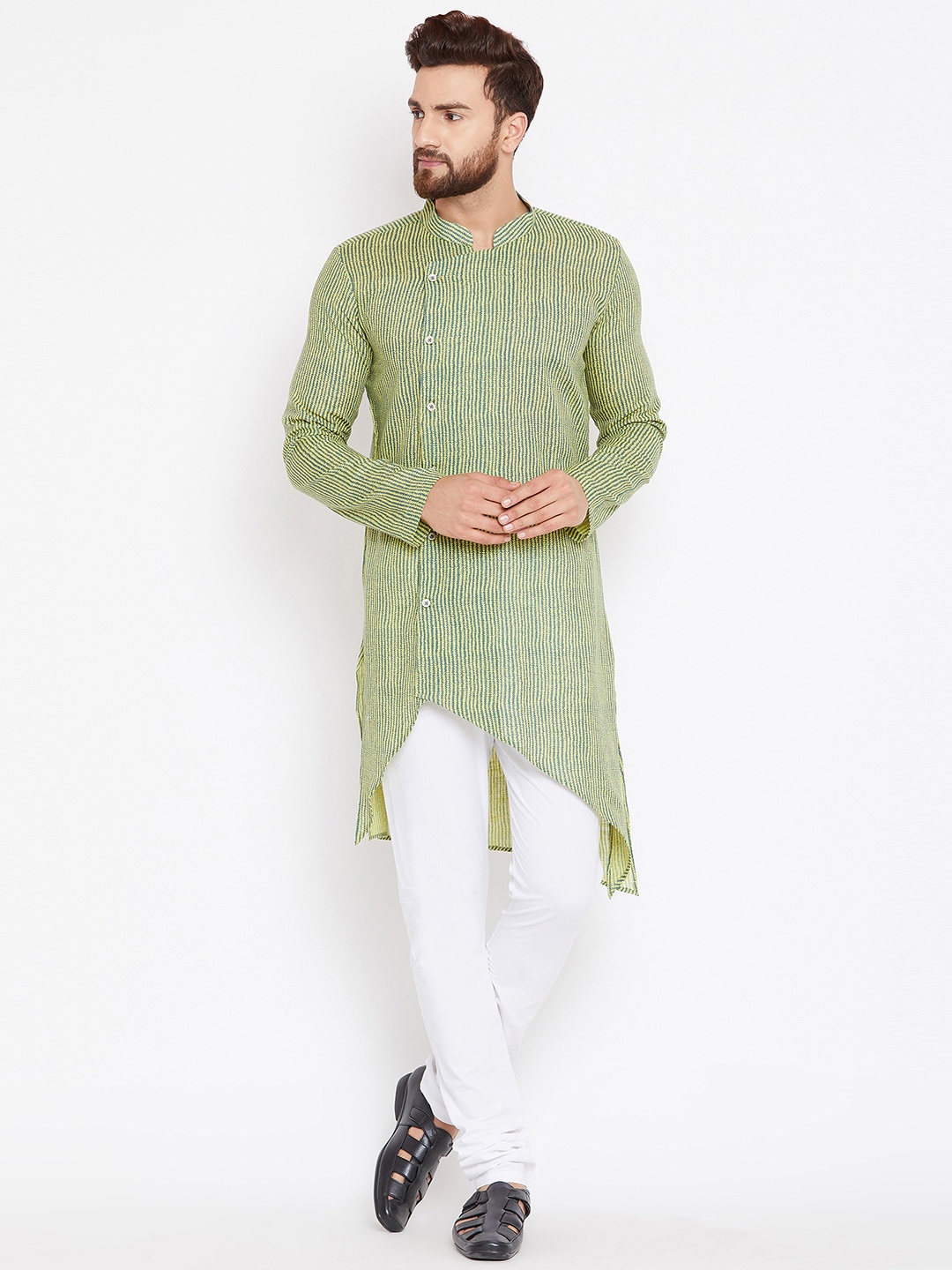 

even Men Yellow & Green Striped Straight Kurta