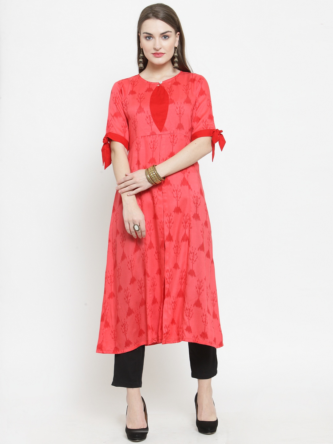 Indibelle Women Pink & Black Printed Kurta with Trousers