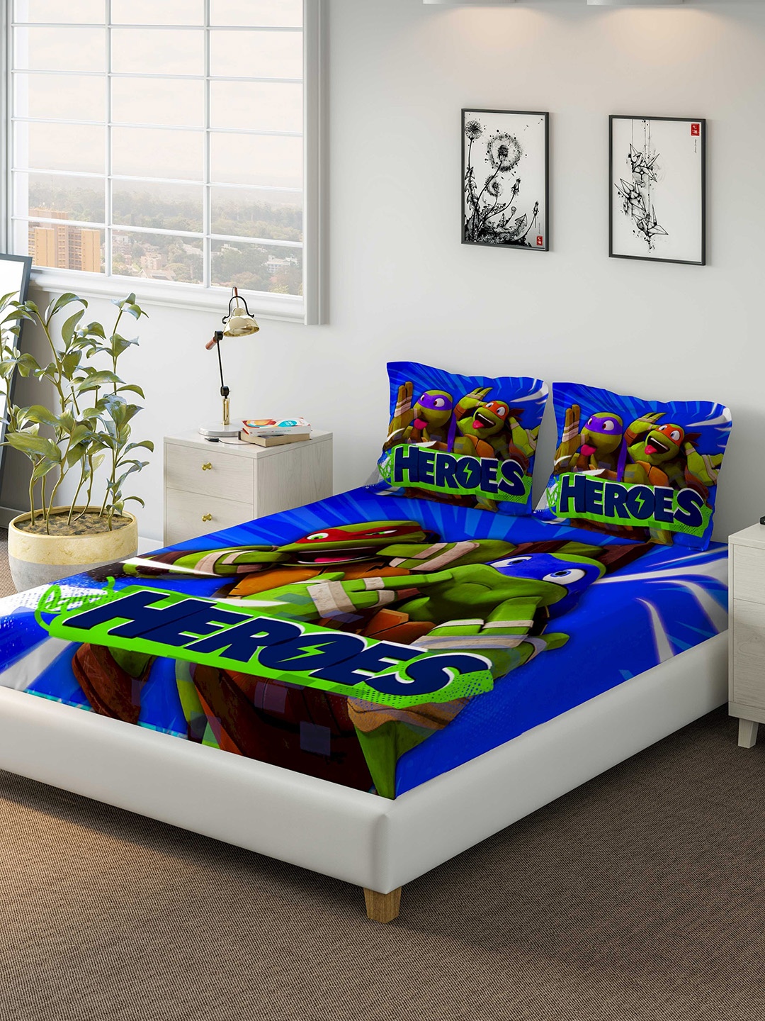 

DDecor Blue & Green Cartoon Characters 150 TC Cotton 1 Queen Bedsheet with 2 Pillow Covers