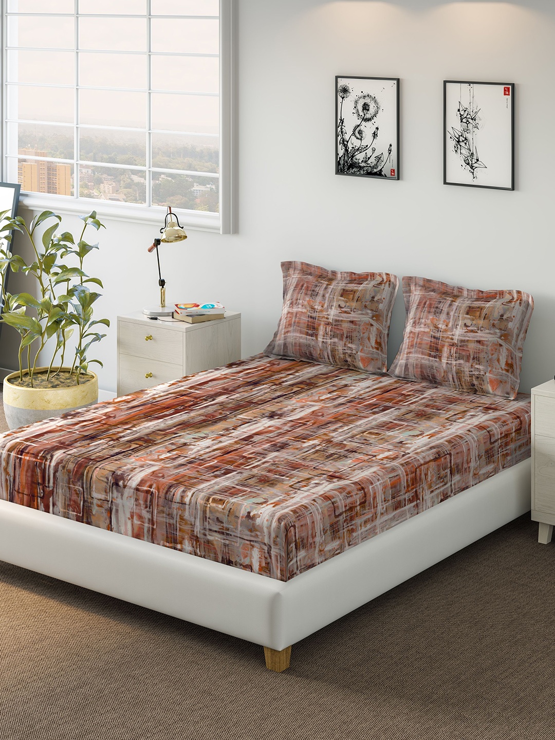 

DDecor Red & Brown Abstract 1000 TC Cotton 1 King Bedsheet with 2 Pillow Covers