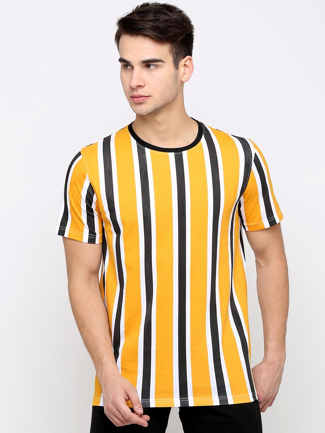 

Maniac Men Yellow Navy Striped Round Neck Pure Cotton T-shirt