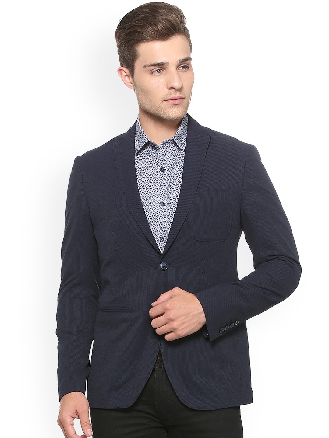 

Louis Philippe Men Navy Blue Solid Slim-Fit Single-Breasted Blazer