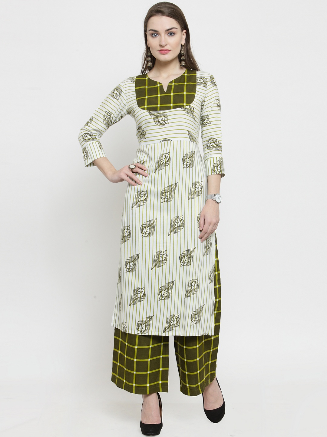 Indibelle Women Green & White Printed Kurta with Palazzos