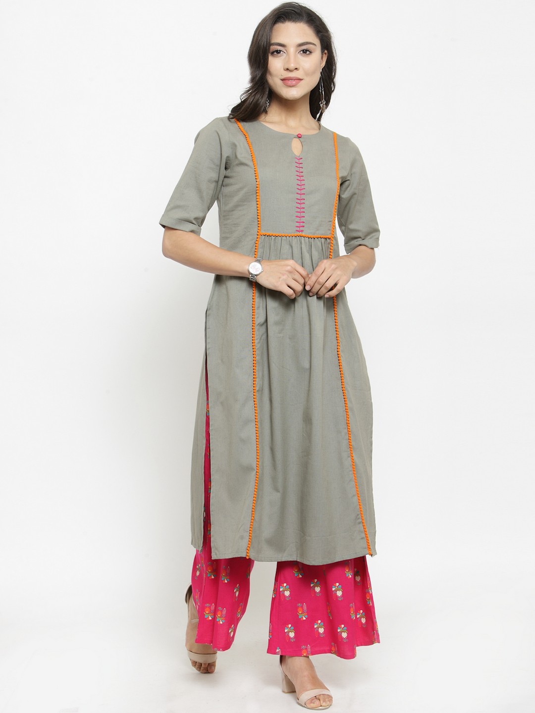 

Varanga Women Grey & Pink Solid Kurta with Palazzos