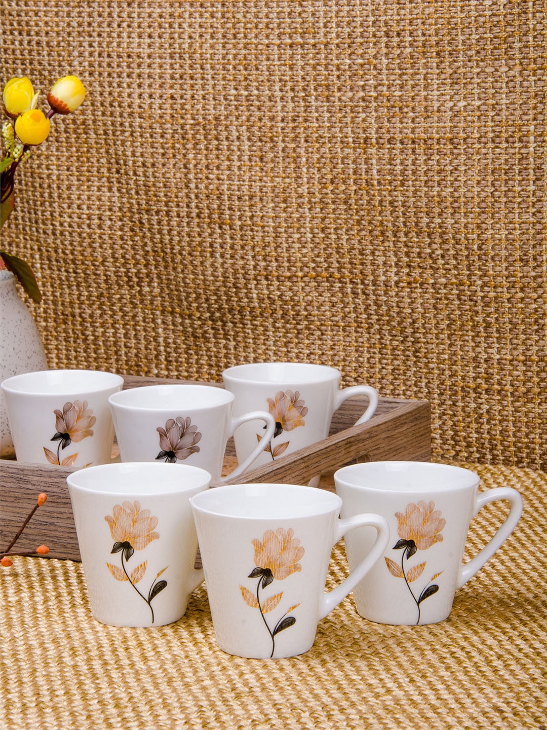 SONAKI White 6-Pieces Printed Bone China Cups Set