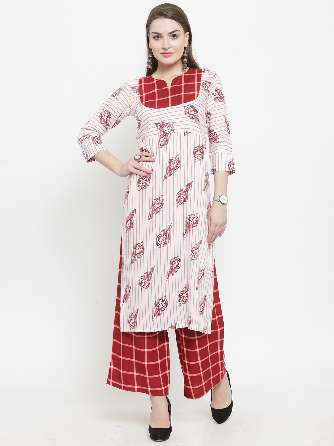Indibelle Women Maroon & White Printed Kurta with Palazzos