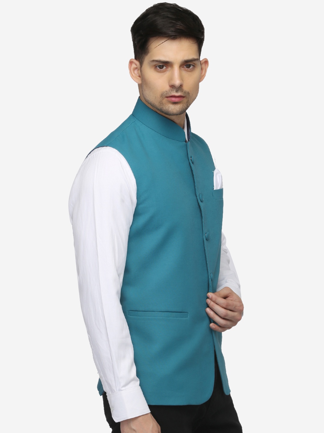 

Favoroski Men Teal Blue Solid Nehru Jacket
