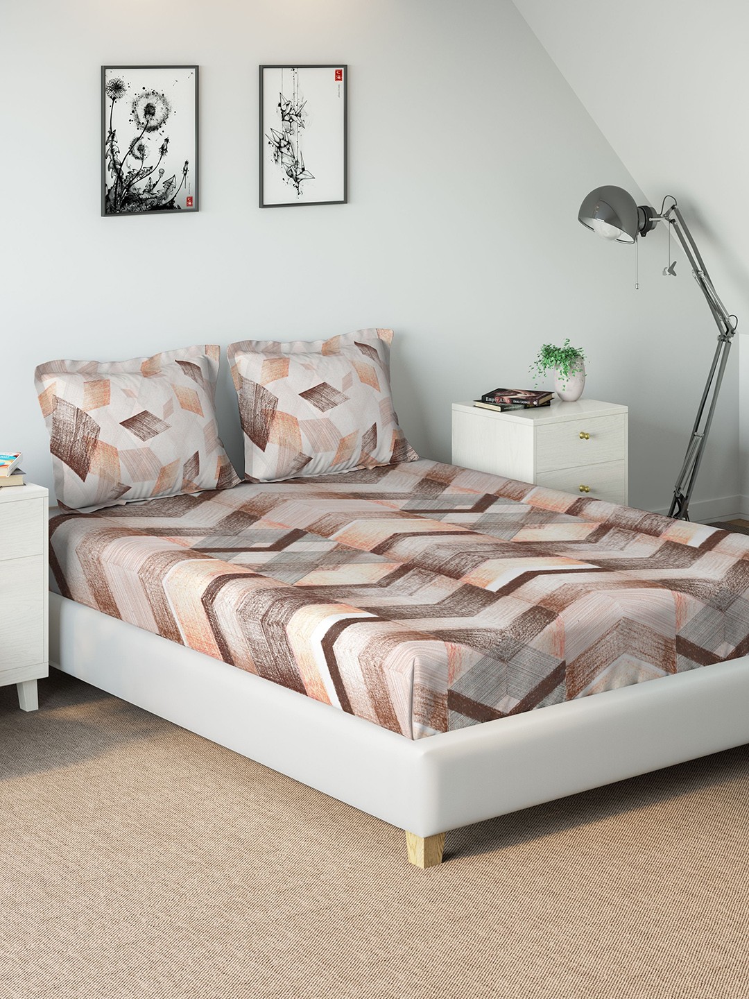 

DDecor Brown Geometric 210 TC Cotton 1 King Bedsheet with 2 Pillow Covers