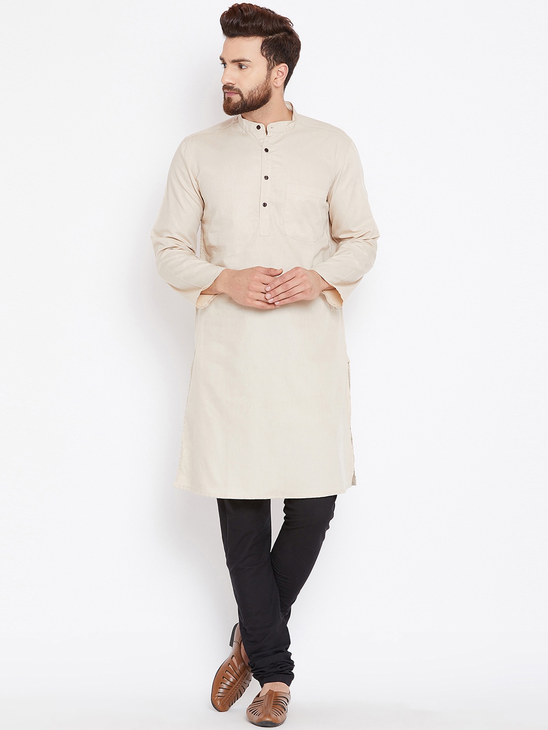 

even Men Beige Solid Straight Kurta