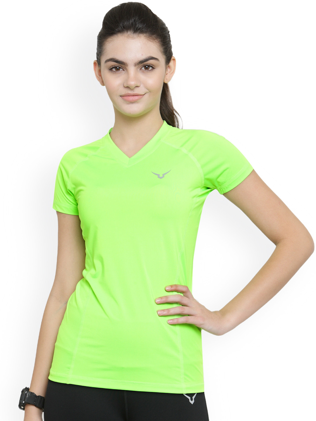

Invincible Women Fluorescent Green Solid V-Neck T-shirt