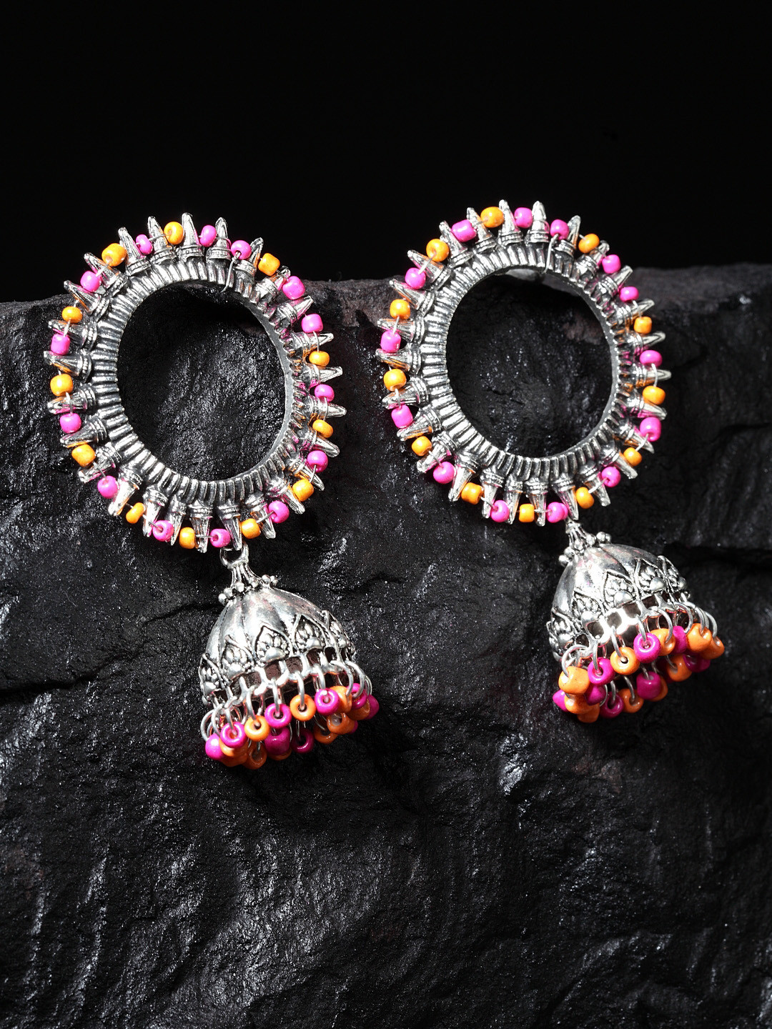 

Moedbuille Oxidised Silver-Plated & Pink Handcrafted Dome Shaped Jhumkas