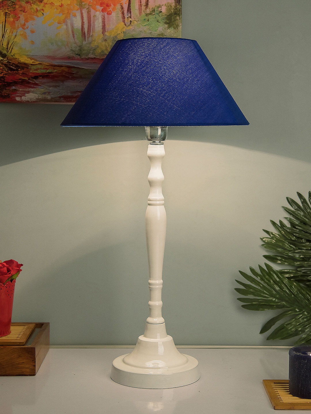 

Homesake White & Blue Solid Handcrafted Bedside Standard Table Lamp with Shade