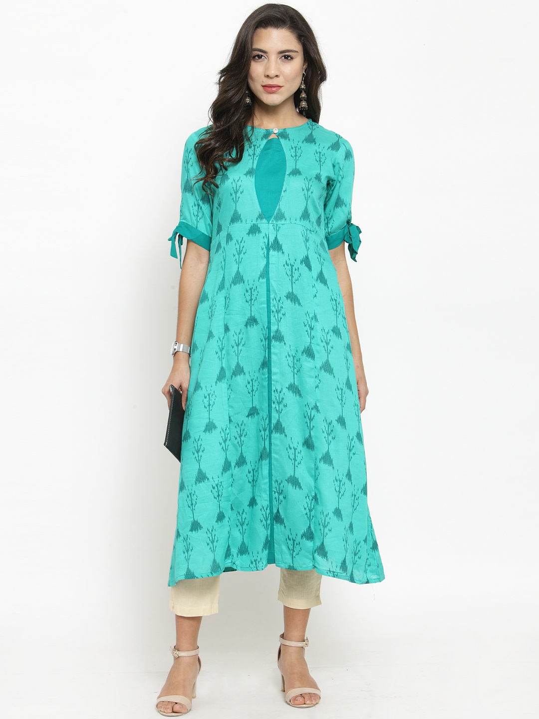Indibelle Women Blue & Cream-Coloured Printed Kurta with Trousers