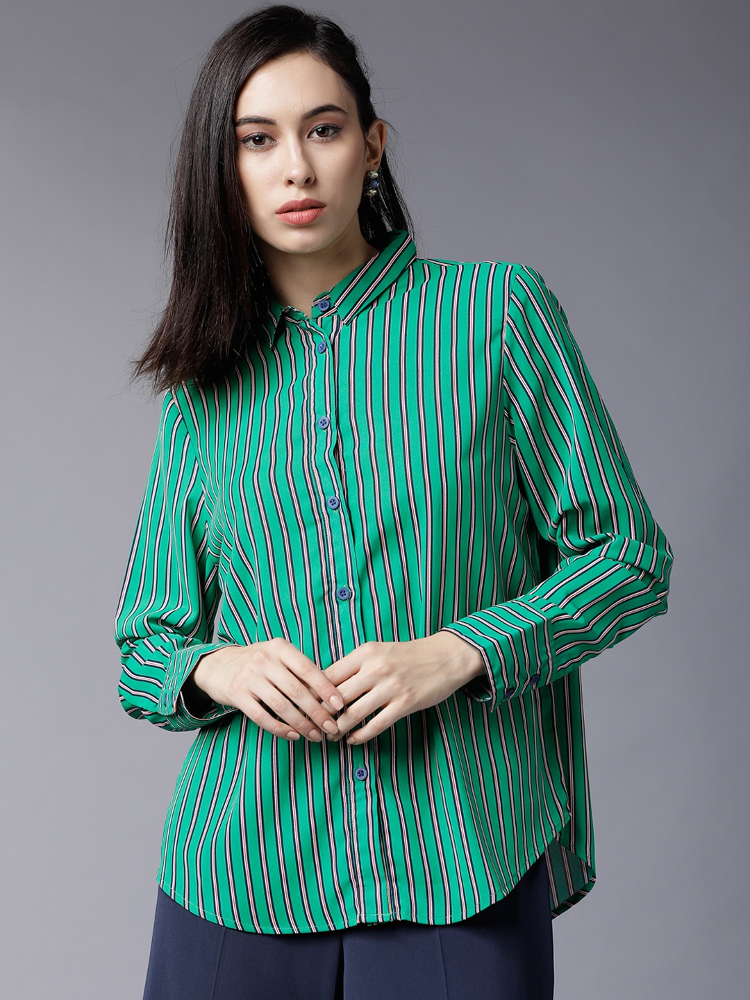 

Tokyo Talkies Women Green & Navy Blue Slim Fit Striped Casual Shirt