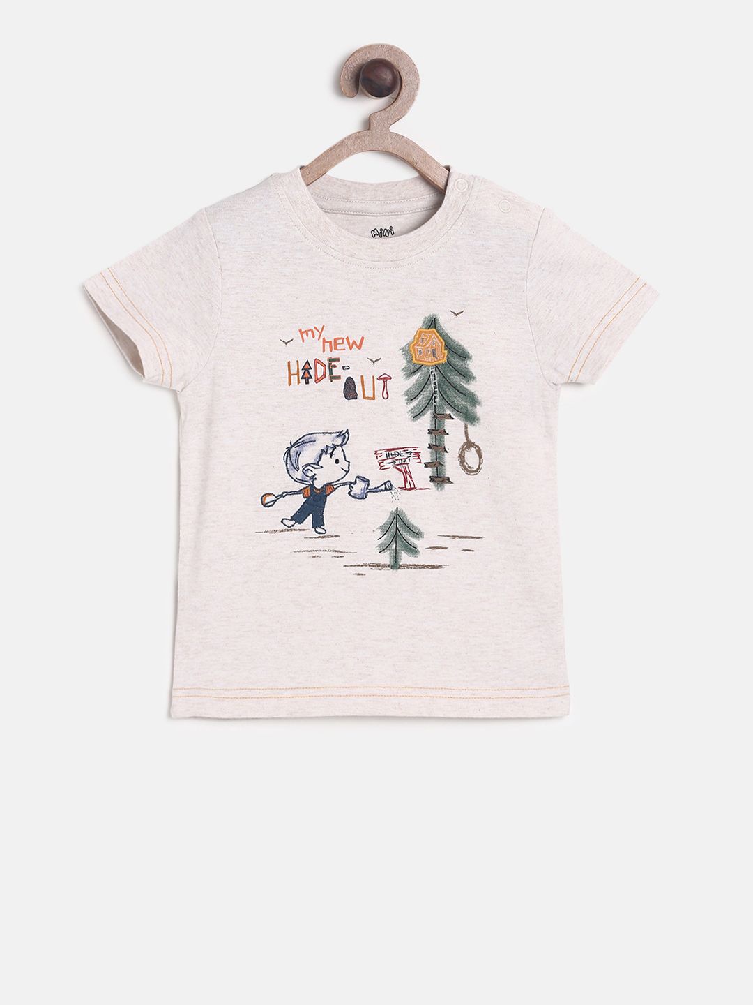 MINI KLUB Boys Beige Printed Round Neck Pure Cotton T-shirt