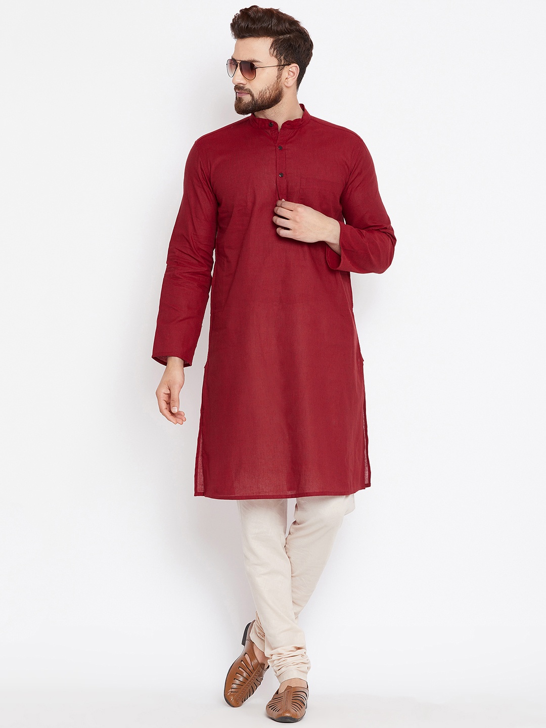 even Men Maroon Solid Straight Kurta