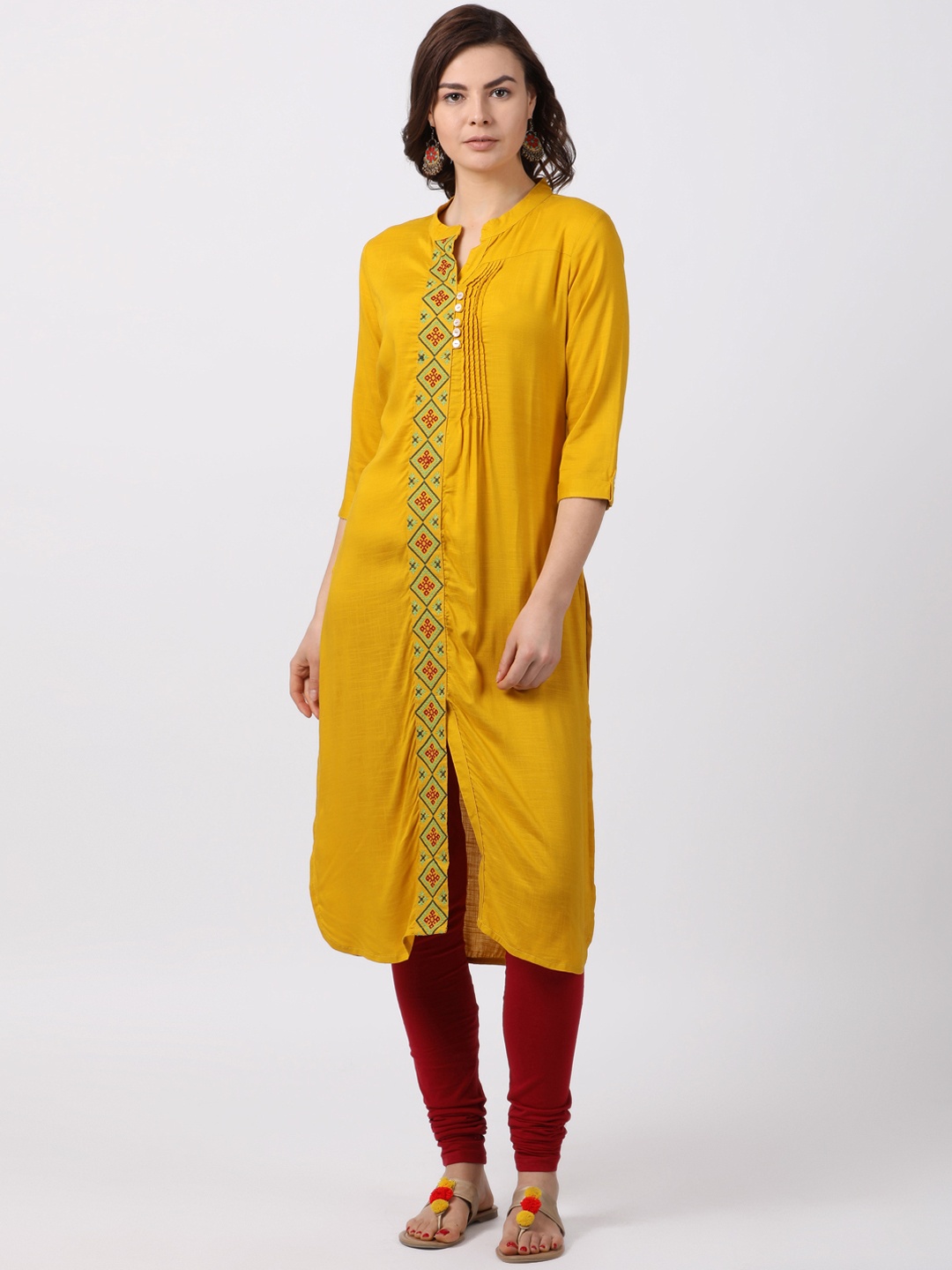 

Alena Women Mustard Yellow Embroidered Straight Kurta