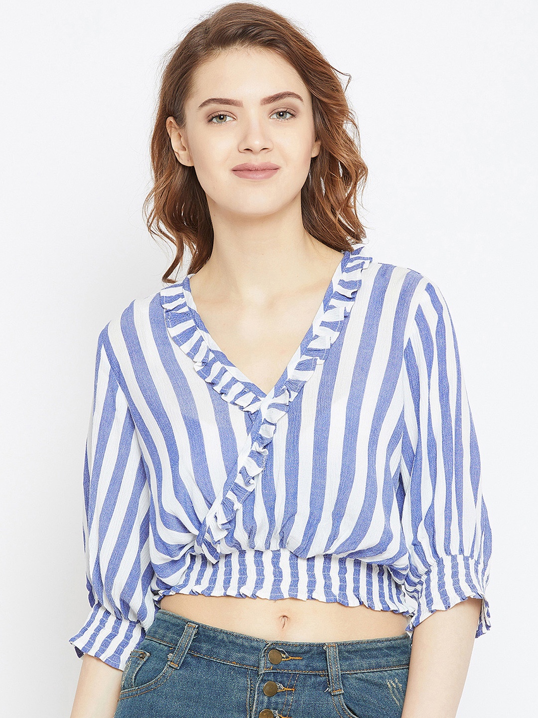 

Zastraa Women Blue Striped Smocked Wrap Top