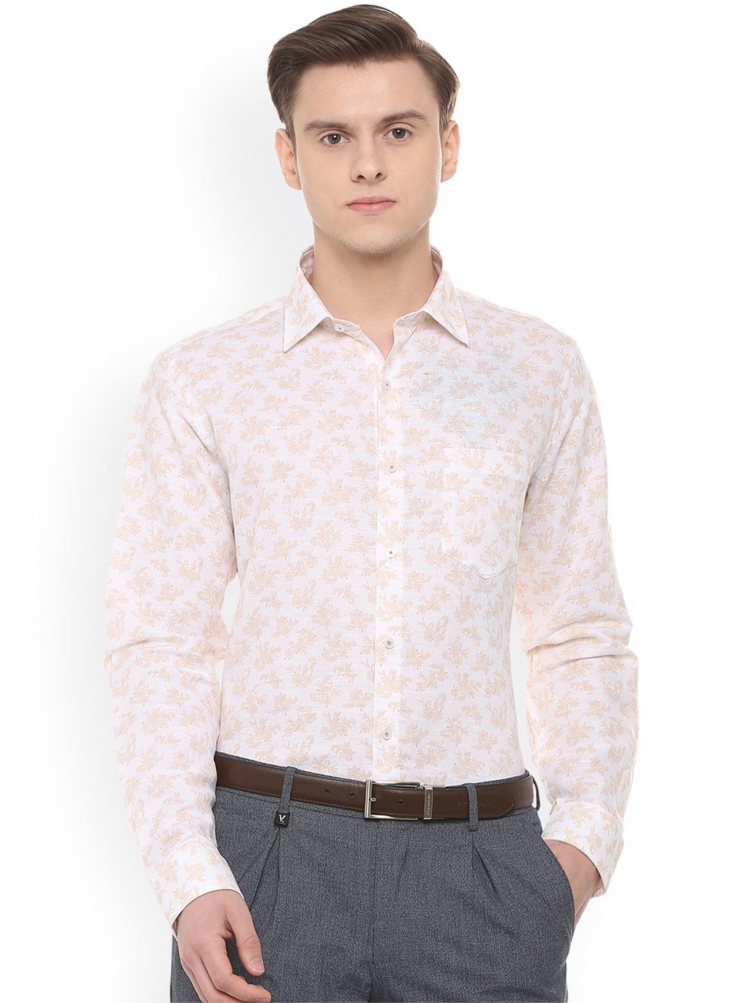 Van Heusen Men Beige Slim Fit Printed Formal Shirt
