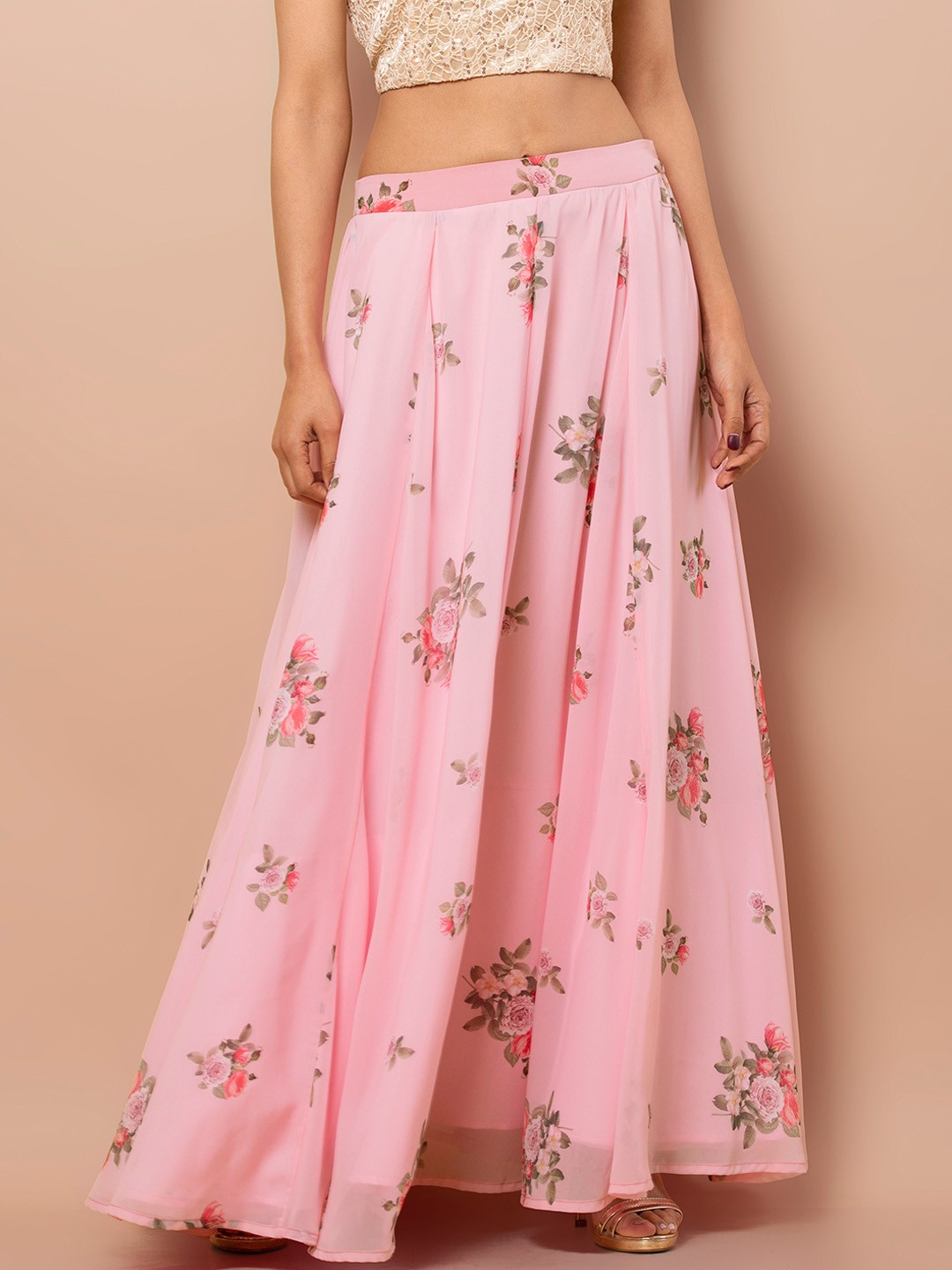 

INDYA Women Pink Printed Flared Maxi Skirt