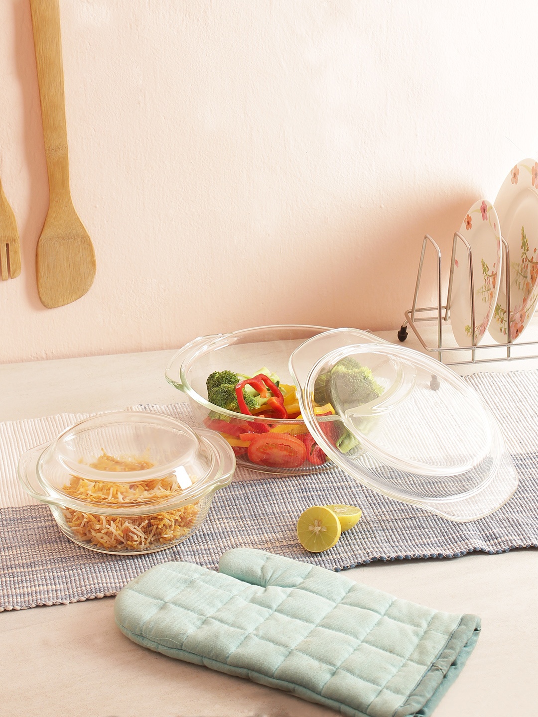 Femora Set of 2 Borosilicate Glass Casseroles with Lid, Transparent