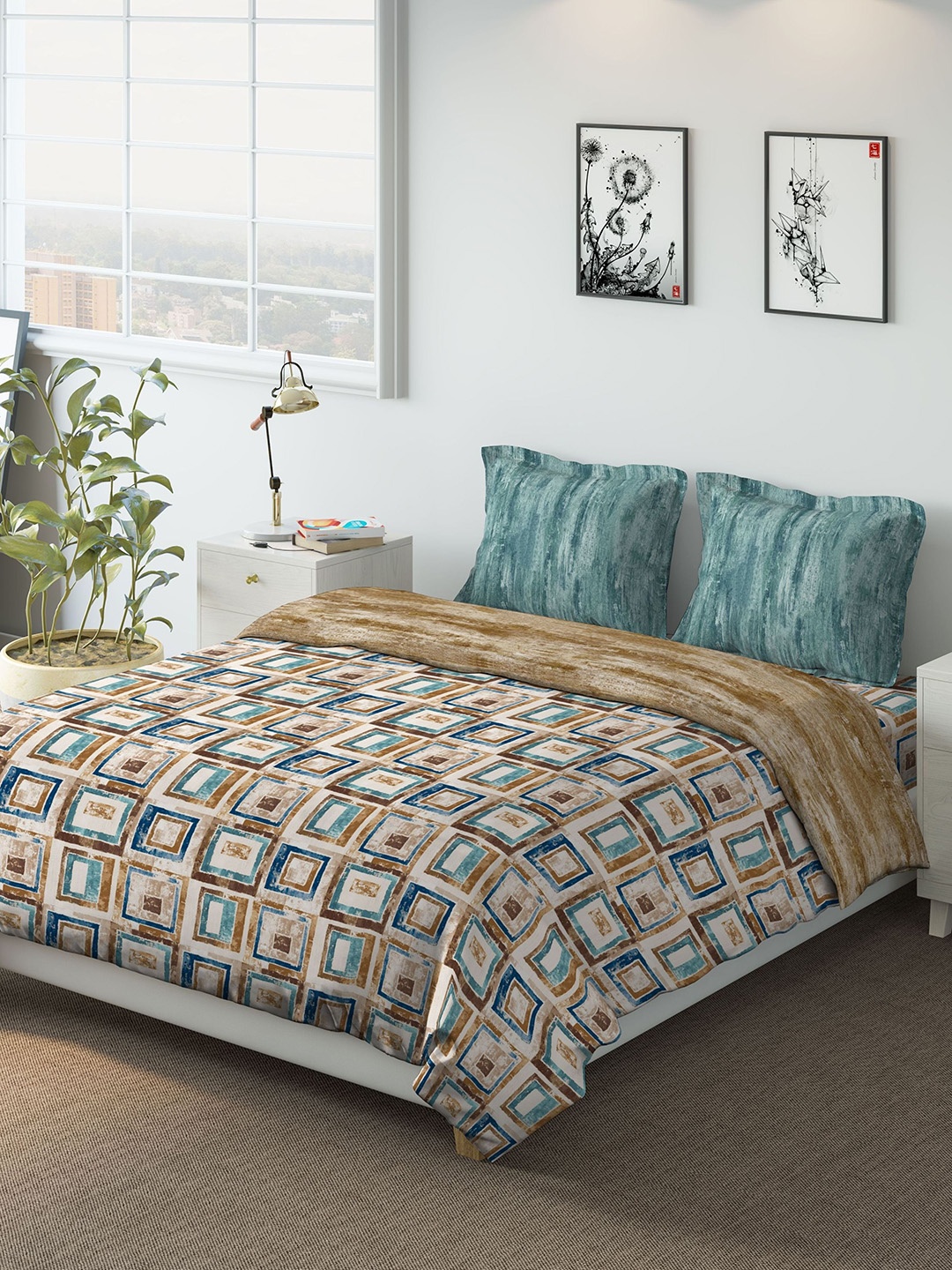 

DDecor Blue & Brown 180TC Printed Bedding Set with Duvet Cover