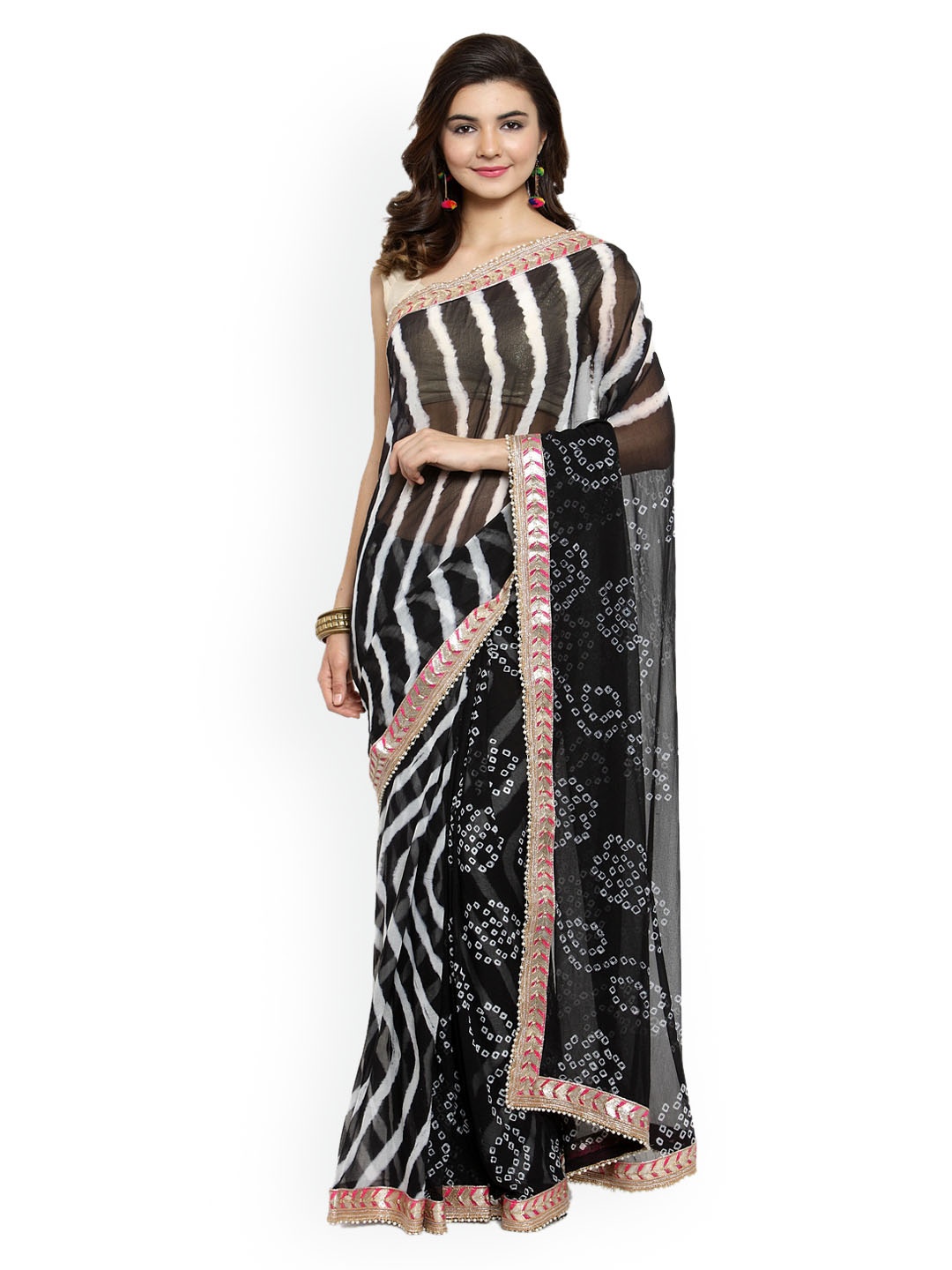 Geroo Jaipur Hand Dyed Black Bandhani Chiffon Sustainable Saree