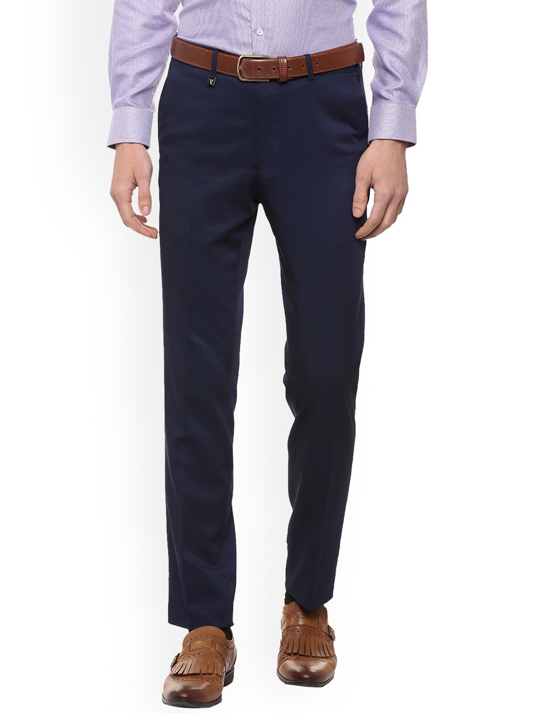 

V Dot Men Navy Blue Slim Fit Self Design Formal Trousers