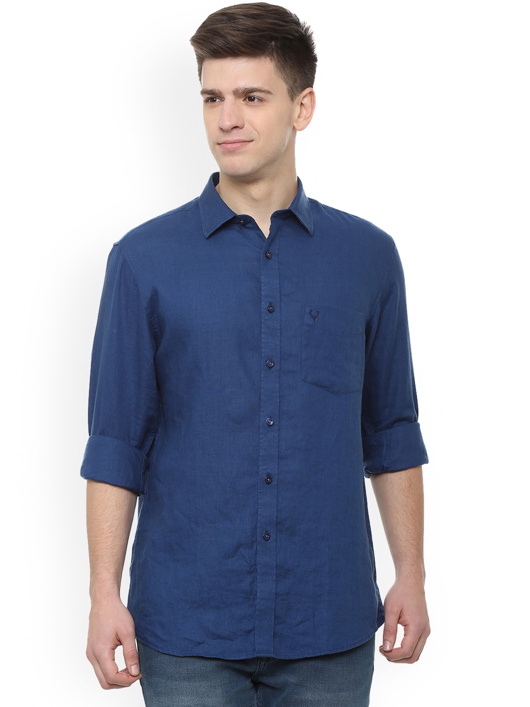 

Allen Solly Men Navy Blue Slim Fit Solid Linen Casual Shirt