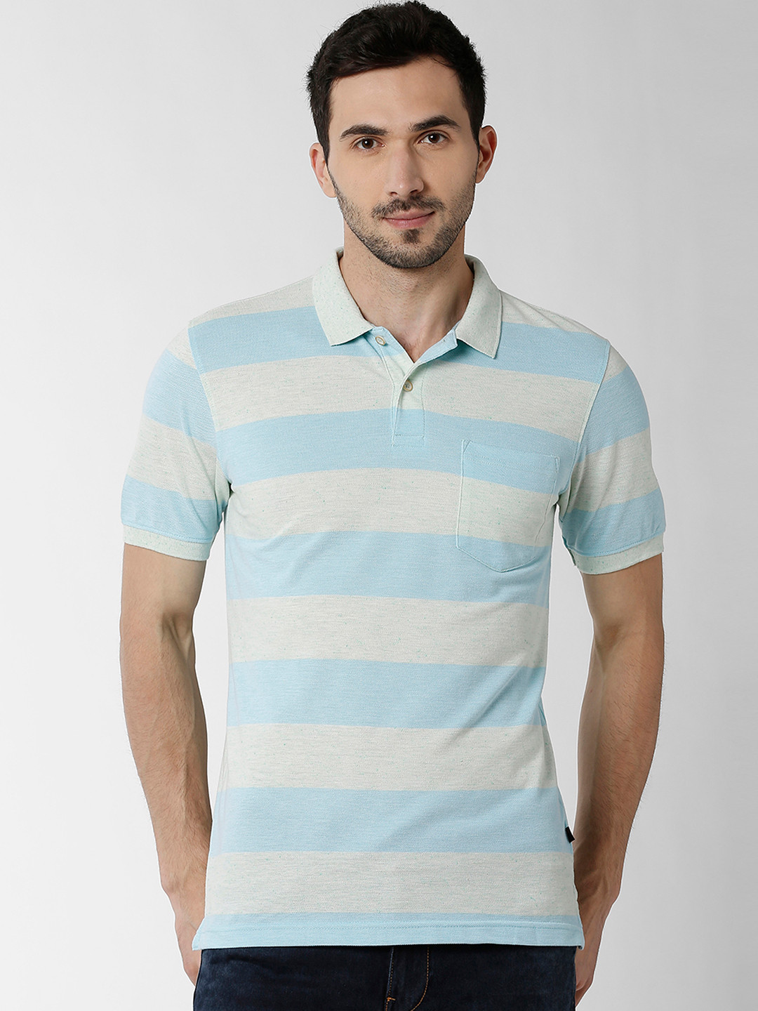 

Peter England Casuals Men Blue Striped Polo Collar T-shirt