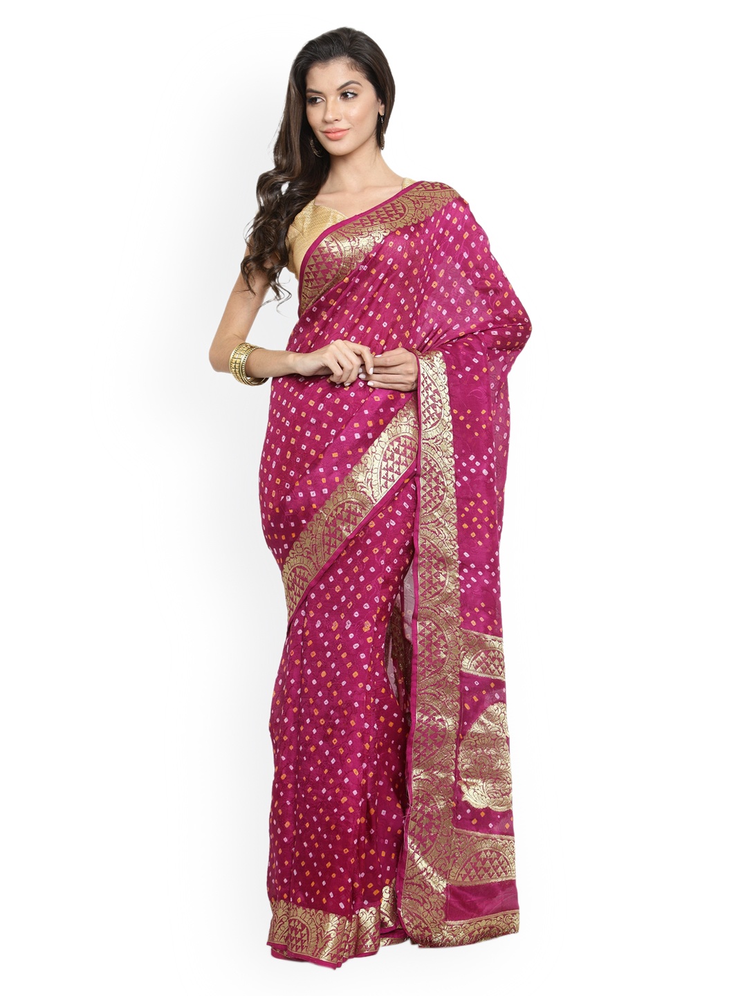 

Geroo Jaipur Hand Dyed Pink Bandhani Silk Sustainable Saree, Purple