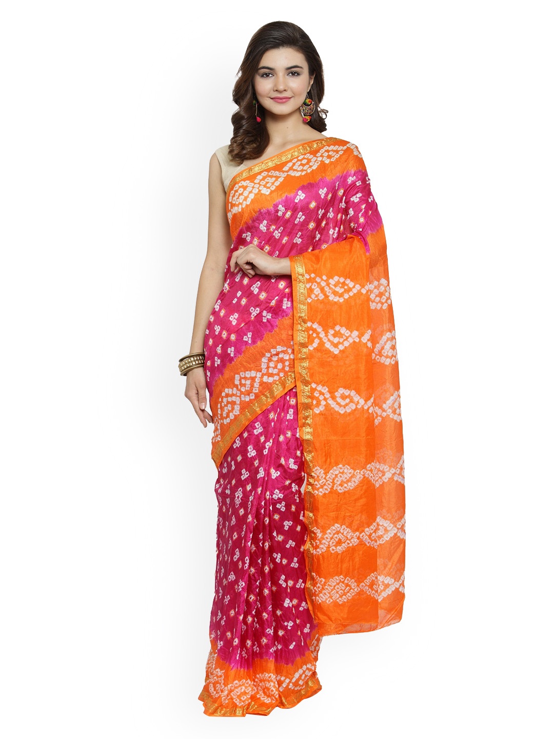 

Mitera Hand Dyed Orange & Pink Bandhani Silk Sustainable Saree