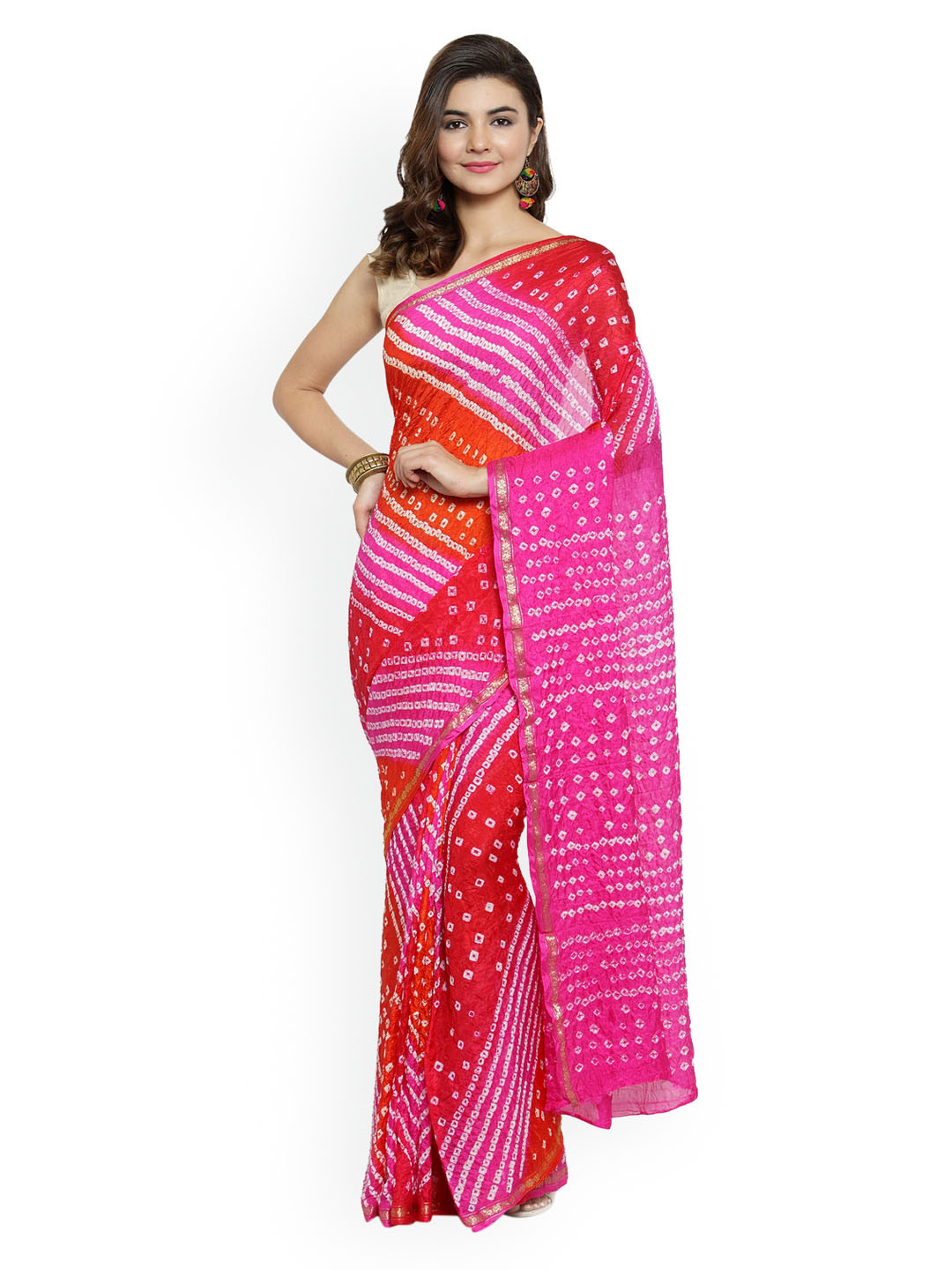 

Geroo Jaipur Hand Dyed Pink & Red Bandhani Silk Sustainable Saree