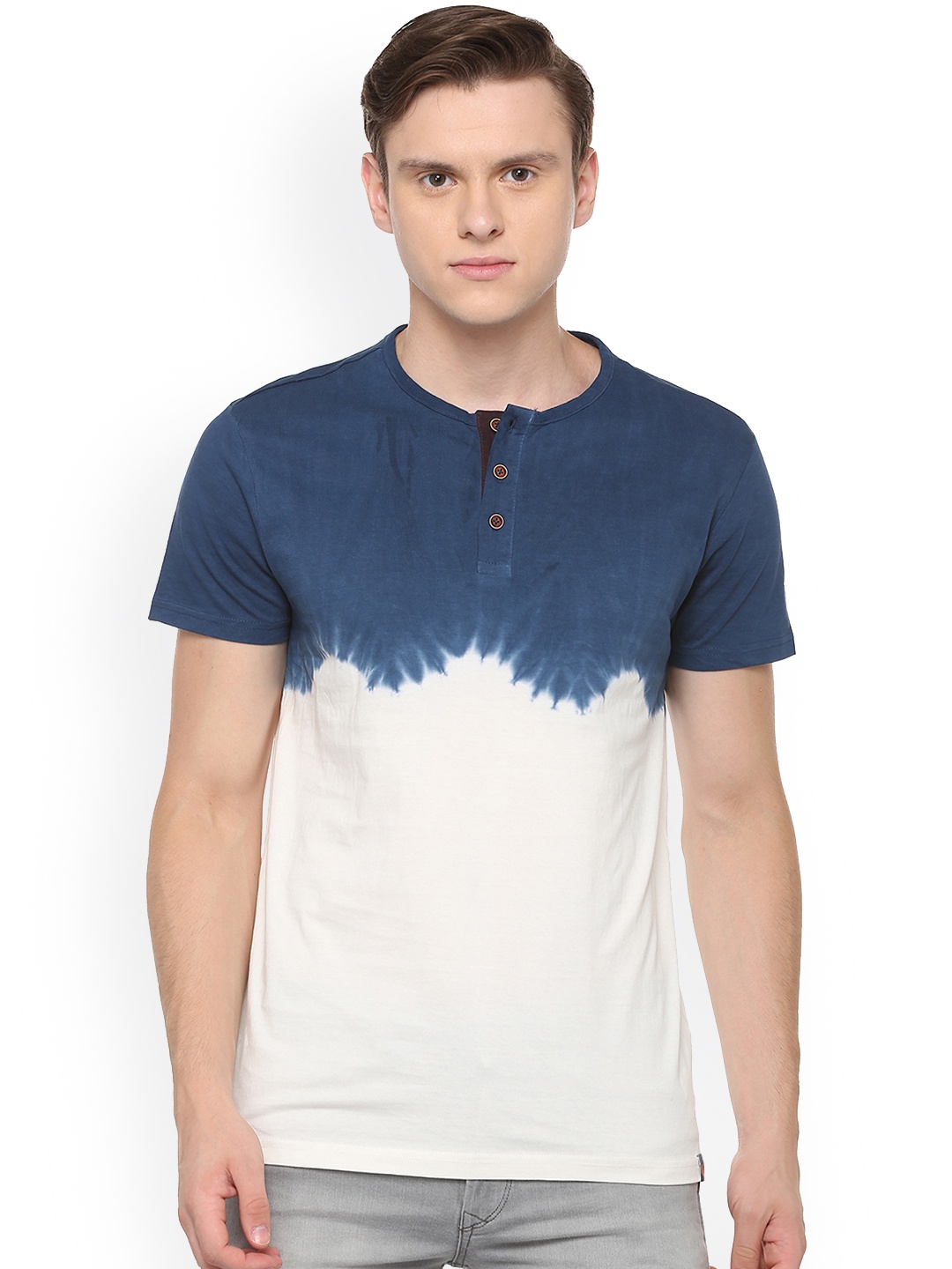 

People Men Blue Colourblocked Henley Neck Pure Cotton T-shirt