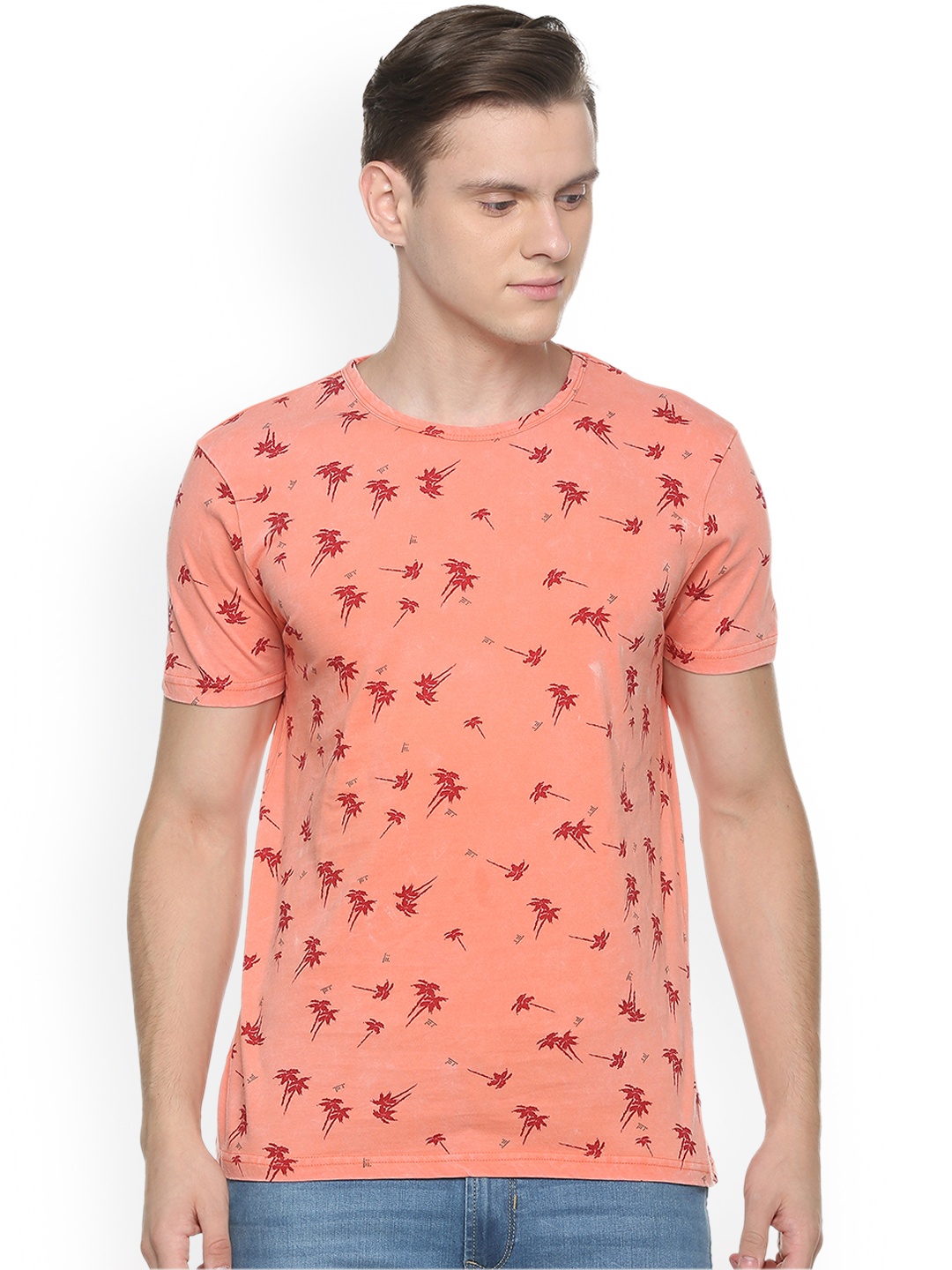

People Men Orange Printed Round Neck Pure Cotton T-shirt