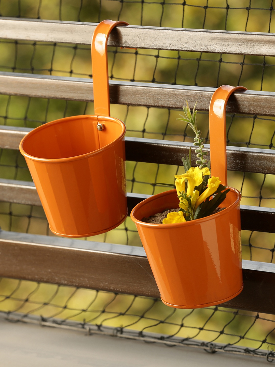 

ExclusiveLane Set of 2 Orange Solid Hand-Painted Railing Cum Planter Pots